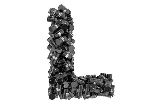 Letter L from black oil barrels, 3D rendering