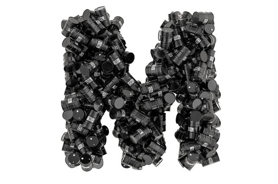 Letter M from black oil barrels, 3D rendering