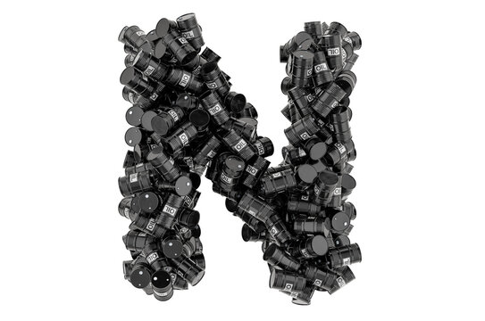 Letter N from black oil barrels, 3D rendering