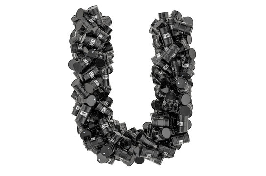 Letter U from black oil barrels, 3D rendering