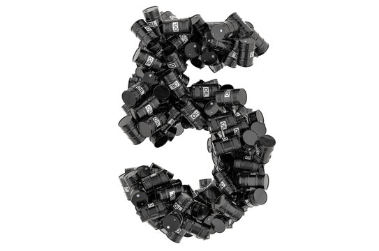 Number 5 from black oil barrels, 3D rendering