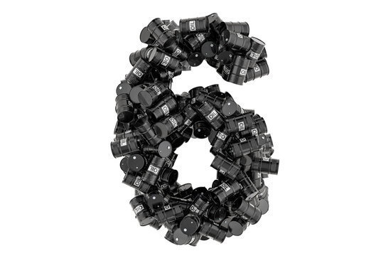 Number 6 from black oil barrels, 3D rendering