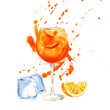 Glass of Aperol Spritz cocktail with an ice cube and red orange, hand-drawn watercolor illustration.