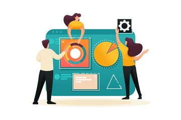 Aufkleber - Teamwork, business analysis on a large tablet. Flat 2D character. Concept for web design