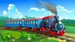 
Blue train with railway carriages on nature background. Vector graphic. 