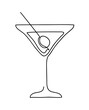 Cocktail glass with martini and olive. Wineglass outline silhouette isolated on white background. Continuous line art drawing style. Hand drawn vector illustration.