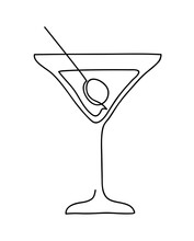 Cocktail Glass With Martini And Olive. Wineglass Outline Silhouette Isolated On White Background. Continuous Line Art Drawing Style. Hand Drawn Vector Illustration.