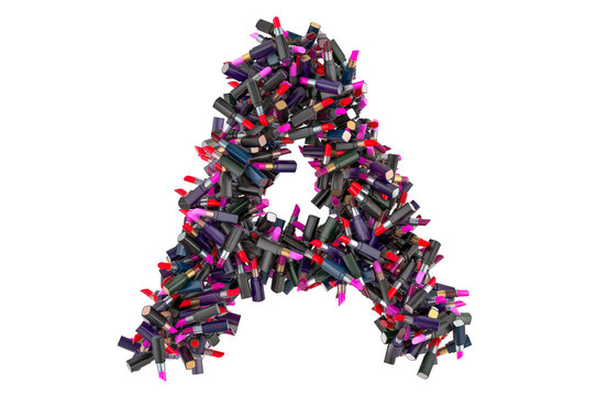 Letter A from colored lipsticks, 3D rendering