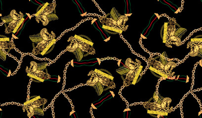 Wall Mural - Fabric Gold Chain Ornament in Black Background Pattern