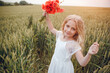 © Олег Кошевський - beautiful little girl with blond hair in a white dress in the background of a beautiful field. Girl with a bouquet of red poppies
