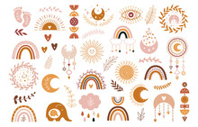 Vector Hand Drawn Boho Clipart For Nursery Decoration With Cute Rainbows And Moon, Sun, Cloud, Dream Catcher.