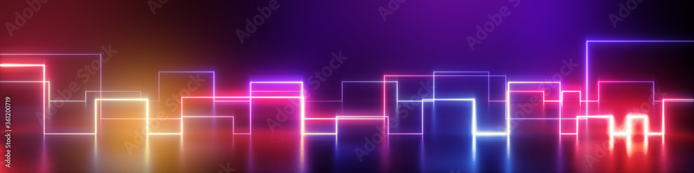 3d render, abstract geometric neon background, wide panorama with ultraviolet glowing lines. - obrazy, fototapety, plakaty 