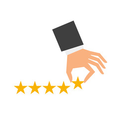 Hand of businessman putting five star shape. The best excellent business service rating customer experiance concept. Flat cartoon style vector illustration 