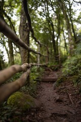 Poster - Selective focus shot of a narrow walking path in a green forest