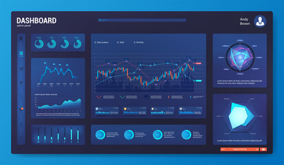 Wall Mural - Dark dashboard UI, UX, Kit template with infographics, charts, graphics. Mockup modern web app with Ui graphs round bars and charts, clean and simple app interface. Admin panel with workflow design