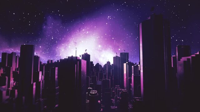 Wall Mural - Retro futuristic city flythrough seamless loop. 80s sci-fi synthwave landscape in space with stars. Looping vaporwave stylized VJ 3D animation for EDM music video, videogame intro. 4K motion design