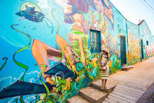 Mural In Valparaiso Chile With Model