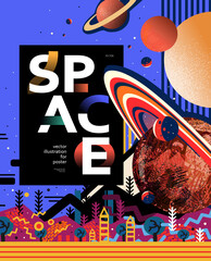 Wall Mural - space astronomy banner template. vector illustration of saturn, different planets, planetarium solar