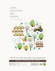 Wall Mural - Farm, Agriculture and Garden. Vector cute freehand illustrations of farmer working on farm, gardener, trees, tractor, vegetables, grows organic natural food. Drawings for poster, banner of exhibition