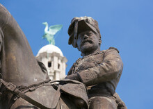 Liverpool, UK, 24th June 2014, King Edward VII Monument And Statue Outside The Royal Liver Building Again Blue Sky During The Daytime