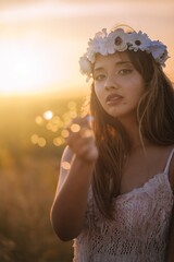 Poster - Vertical shot of a young caucasian female in a white dress and white flower wreath posing in a field