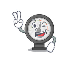 Sticker - A joyful pressure gauge cartoon mascot style show two fingers pose