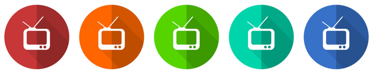 Aufkleber - Tv icon set, red, blue, green and orange flat design web buttons isolated on white background, vector illustration