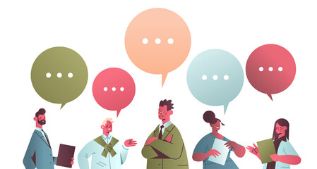 Wall Mural - mix race businesspeople discussing during meeting business communication concept men women office workers with colorful speech bubbles horizontal portrait vector illustration