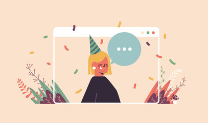 woman in funny festive hat celebrating online birthday party happy girln in computer window celebration self isolation quarantine concept portrait horizontal vector illustration