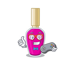 Sticker - Cartoon Mascot design of pink nail polish gamer using controller