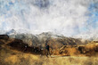 Abstract painting of solo trekker on mountain, digital watercolor illustration, art for background