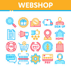 Sticker - Webshop Internet Store Collection Icons Set Vector. Webshop Online Shop Coupon And Buy, Chat And Faq, Information And Pay Concept Linear Pictograms. Color Illustrations