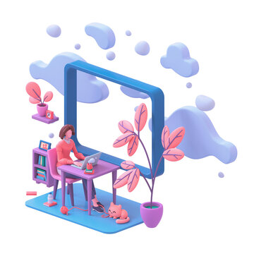 Casual brunette girl working on laptop from home near window with view of sky blue clouds. Modern teenage girl room with workplace, books, cat, coral color plants. 3d render isolated on white backdrop