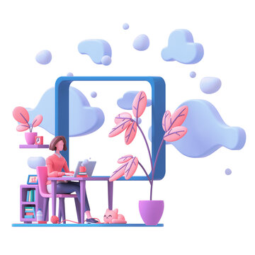 Casual brunette girl working on laptop from home near window with view of sky blue clouds. Modern teenage girl room with workplace, books, cat, coral color plants. 3d render isolated on white backdrop