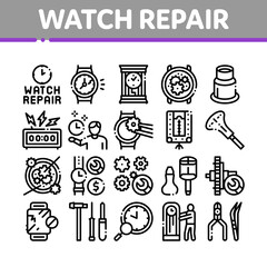 Poster - Watch Repair Service Collection Icons Set Vector. Watch Change Display Glass And Mechanical Gear, Instrument And Magnifier Concept Linear Pictograms. Monochrome Contour Illustrations