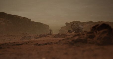 Wall Mural - astronaut walking near planet rover vehicle on a surface of a red rocky planet. mars colonization co