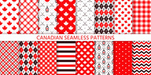 Canada Seamless Pattern. Vector. Backgrounds With Maple Leaf, Hockey Sticks, Syrup, Polka Dot, Rhombus And Checkered. Happy Canada Day Texture. Set Canadian Prints. Red Brown Illustration. 
