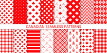 Canada Seamless Pattern. Vector. Happy Canada Day Prints. Backgrounds With Maple Leaf, Hockey Sticks, Syrup, Polka Dot, Rhombus And Plaid. Set Canadian Texture. Red White Illustration. Wrapping Paper.