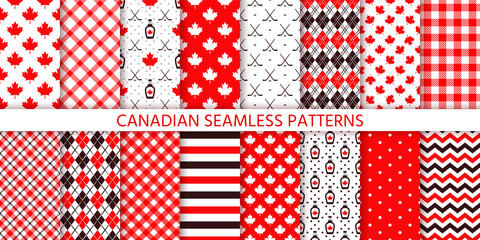 canada seamless pattern. vector. backgrounds with maple leaf, hockey sticks, syrup, polka dot, rhomb