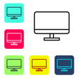 © Kostiantyn - Black line Computer monitor screen icon isolated on white background. Electronic device. Front view. Set icons in color square buttons. Vector Illustration.