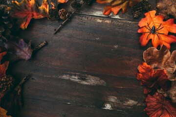 Poster - Halloween wooden table with colorful leaves