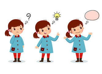 vector illustration of cartoon kid thinking. thoughtful girl, confused girl, and girl with illustrat
