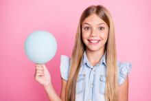 Close-up Portrait Of Her She Nice Attractive Lovely Pretty Funny Girlish Charming Cheerful Cheery Preteen Girl Holding In Hands Decorative Air Ball Isolated Over Pink Pastel Color Background