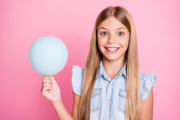 Sticker - Close-up portrait of her she nice attractive lovely pretty funny girlish charming cheerful cheery preteen girl holding in hands decorative air ball isolated over pink pastel color background