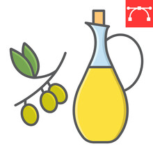Bottle Of Olive Oil With Branch Color Line Icon, Cook And Keto Diet, Olive Oil Sign Vector Graphics, Editable Stroke Colorful Linear Icon, Eps 10.