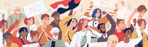 Fotomural Crowd of diverse people on demonstration vector flat illustration