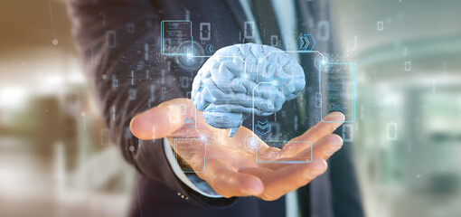 Poster - businessman holding a intelligence artificial brain with data - 3d rendering