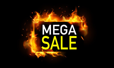 Wall Mural - Hot mega Sale banner. Burning red hot sparks realistic fire flames