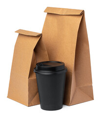 Wall Mural - Craft paper bag with coffee cup on white background