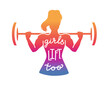 Girls lift, too. Fitness illustration with a motivational phrase. Female silhouette with a barbell. Vector illustration with hand lettering and bright ombre colors. Weight lifting for women.